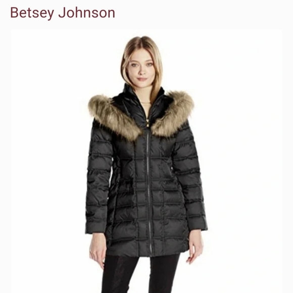 Betsey Johnson Black Faux Fur Trim Hood Lace Up Puffer Coat Jacket. - Picture 3 of 16